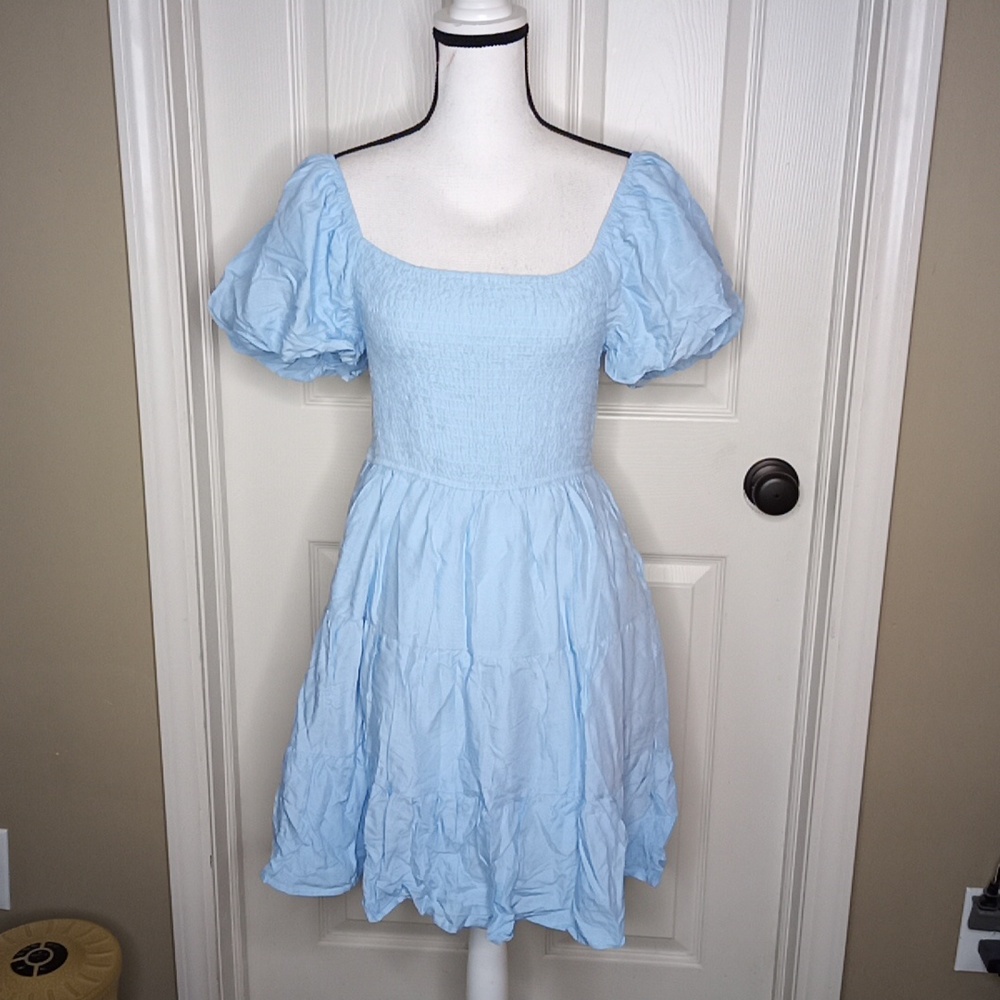 NEW Zesica Baby Blue Dress Short Puff Sleeves Sz. S Ruched Chest